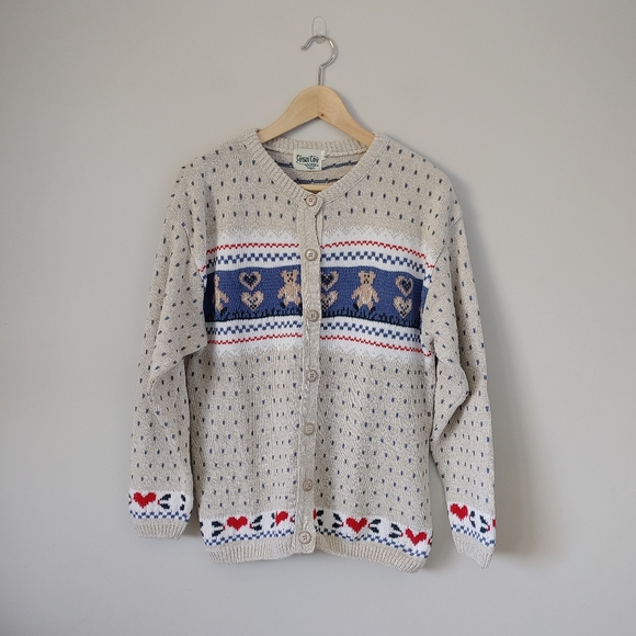 Vintage Sweaters - Vintage Cottage Cove Cardigan Knit Sweater Teddy Bear Hearts Size Medium Grandma